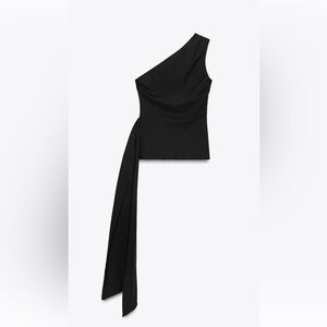 Zara Black One-Shoulder Asymmetric Top with Draped Tie